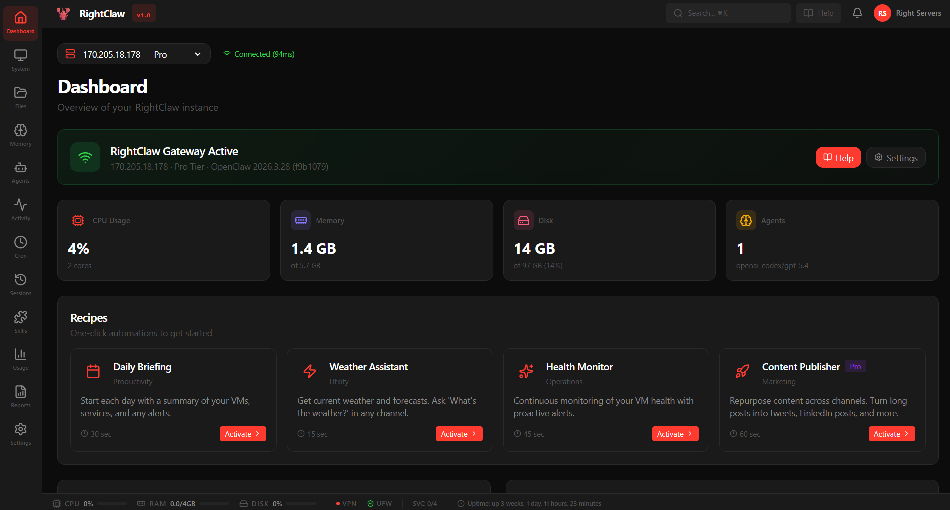 RightClaw Pro Dashboard showing gateway status and system metrics